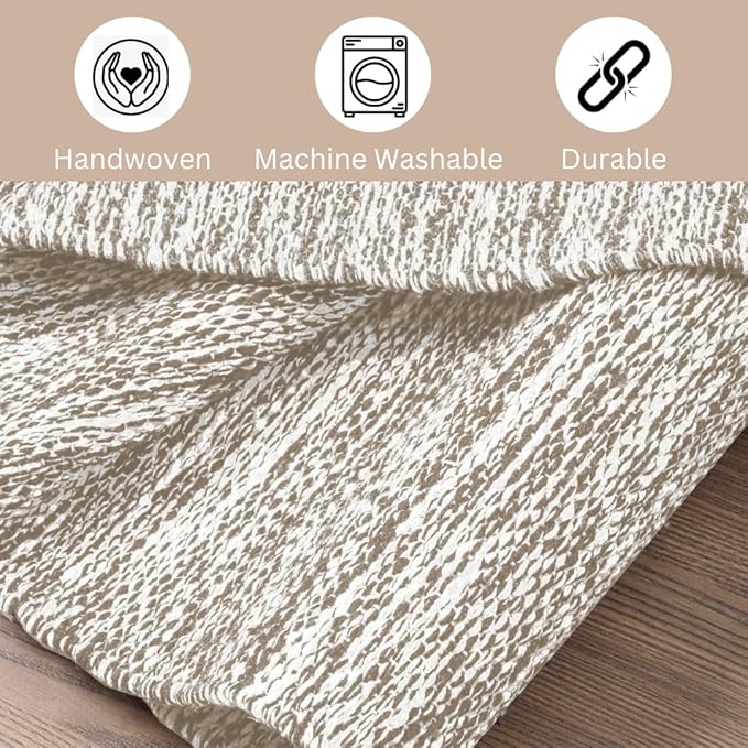 Hand Woven Area Rug 4x6 Feet - Rustic Farmhouse Bohemian Accent Rug for Living Room Bedroom Kitchen Entryway Floor Mats - Ideal for High Traffic Areas 100% Cotton Rag Rug Natural