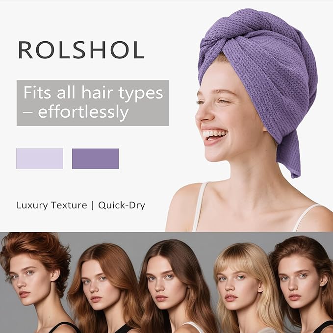 ROLSHOL 2 Pack Microfiber Hair Towel Wrap for Women, 32" x 11" Waffle Weave Hair Plopping Towel for Curly, Long & Thick Hair, Anti-Frizz Hair Turbans for Wet Hair (Deep Purple,Light Purple)