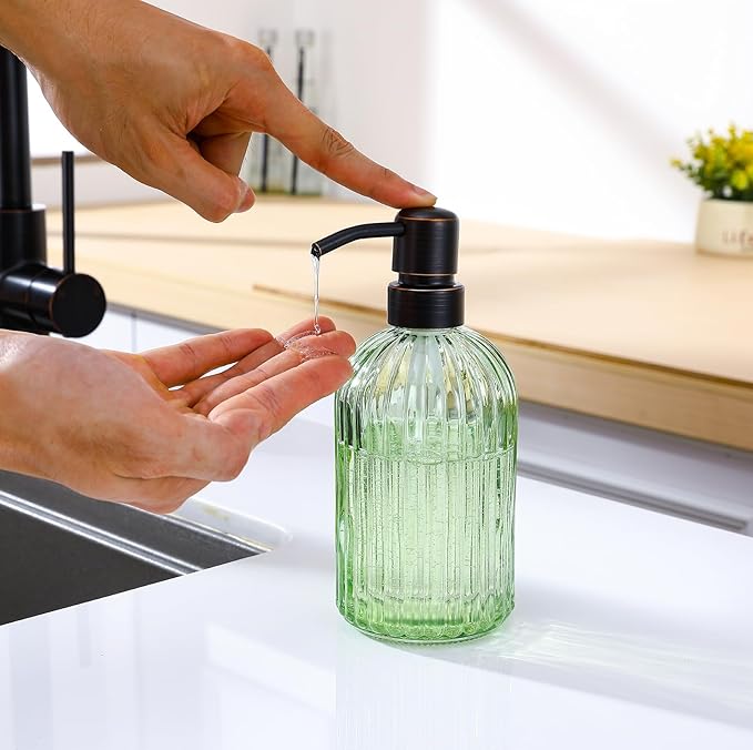 16Oz Green Glass Soap Dispenser with Rust Proof Bronze Stainless Steel Pump, Green Countertop Refillable Liquid Lotion Dispensers with Stainless Steel Pump, Oil Rubbed Bronze Soap Dispenser,2 Packs