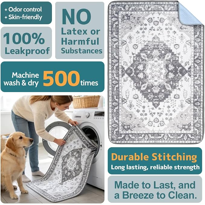 Washable Pee Pads for Dogs, 2 Pack Reusable Puppy Training Pads 48"x48" Super Absorbent Waterproof Dog Training Pads, Non-Slip Potty Pads, Whelping Pads Litter Mat Light Grey Medallion