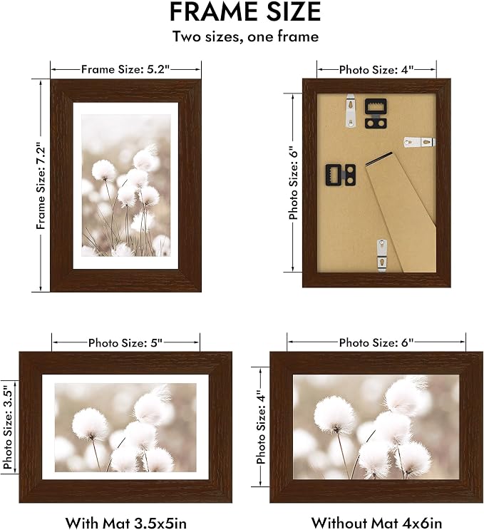 Hongkee 4x6 Oak Wood Picture Frame, Display Photos 3.5 x 5 with Mat or 4 x 6 without Mat - Tempered Glass Cover, Horizontal and Vertical Display for Wall or Tabletop (Walnut, Set of 1)