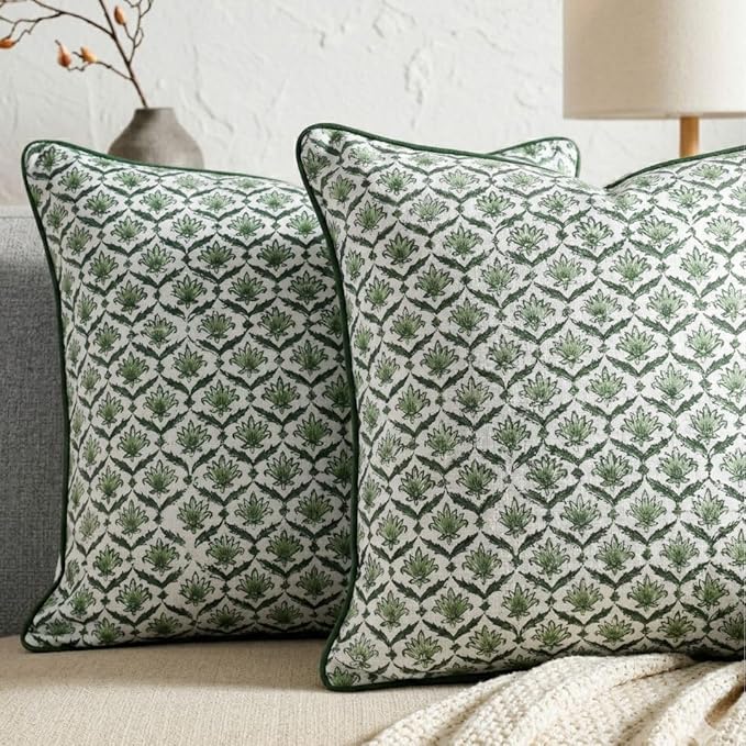 CPC Moss Green Block Print Throw Cushion Cover 18 x 18 Inch Set 2 - Decorative Boho Floral Pillow Case for Living Room, Bed, Sofa, Couch, Home Decor Cushion Cover Gift for Spring, Mother's Day