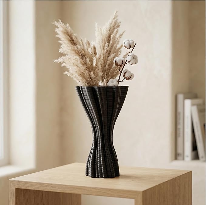Minimalist Black Ceramic Vase, Irregular Organic Shape Decorative Flower Vase for Home Decor, Wabi-Sabi Modern Accent for Living Room Table Shelf
