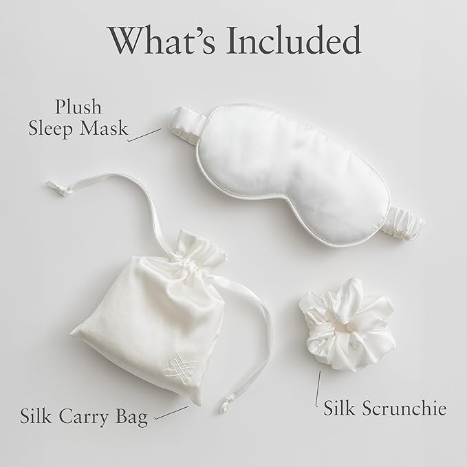 Zestt Organics Silk Sleep Mask Set, 100% Mulberry Silk Eye Mask for Women with Hair Scrunchie & Matching Carry Bag (Ivory)