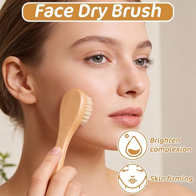 6PCS Dry Brushing Body Brush Set, Long Handle Dry Brush for Lymphatic Drainage Cellulite Treatment, Wooden Bristle Face Scrub Brush with Pumice Stone, Bath Brushing Exfoliating Back Brushes
