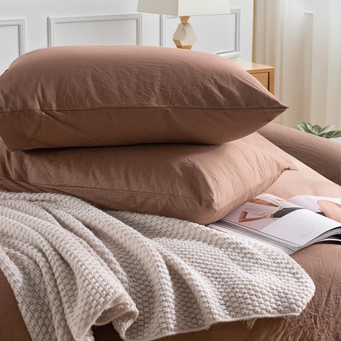 NEXHOME PRO Duvet Cover Set 100% Washed Cotton California King 104"x98", Organic Natural Linen Look Textured 3 Pieces Bedding Set Mocha Brown with Zipper Closure,Soft(No Comforter)