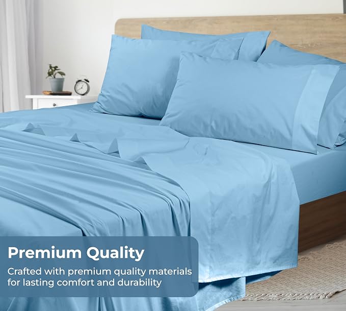ROYALE LINENS 100% Organic Cotton King Sheet Set - Percale Weave - 4 Pieces Set - 1 Flat, 1 Deep Pocket Fitted Sheet and 2 Pillowcases - Lake Blue Bed Sheets - Sábanas King - Crisp Cool (Lake Blue)