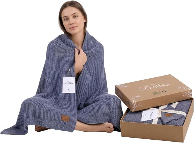 Dalisa Alina Throw Blanket 100% Organic Cotton, Soft Lightweight Blanket for Couch & Bed, 50 x 60 Inches, Aegean Blue