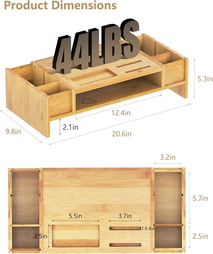 Ufine Bamboo Monitor Stand with Storage Compartments Small Desk Organizer | Ergonomic Computer Laptop Riser with Pen Holder Keyboard Storage for Home Office