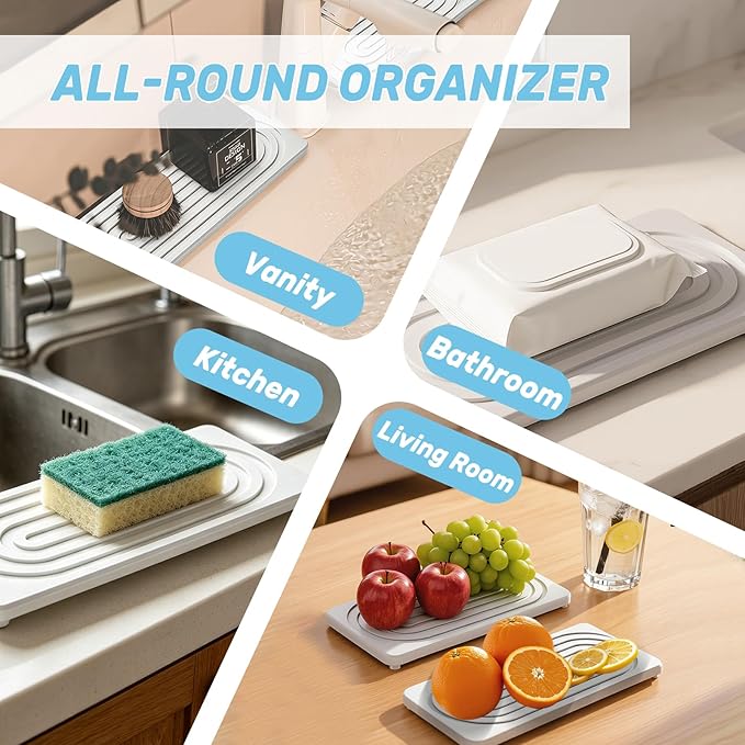 2 PCS Water Absorbing Stone Tray, Quick Drying Diatomite Sink Tray, Non-Slip Drying Mat for Bathroom Vanity & Kitchen Counter, Soap Dispenser Sponge Holder Organizer, White 8.3x4 Inch (White)