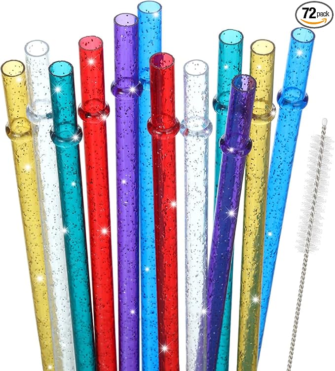 72 Pcs 11 inch Reusable Plastic Straws Colorful Drinking Straws, Glitter Drinking Straw for 40/30/24 oz Jar and Tumbler, with Cleaning Brush (Gold, Dark Blue, Purple, Red, White, Green)