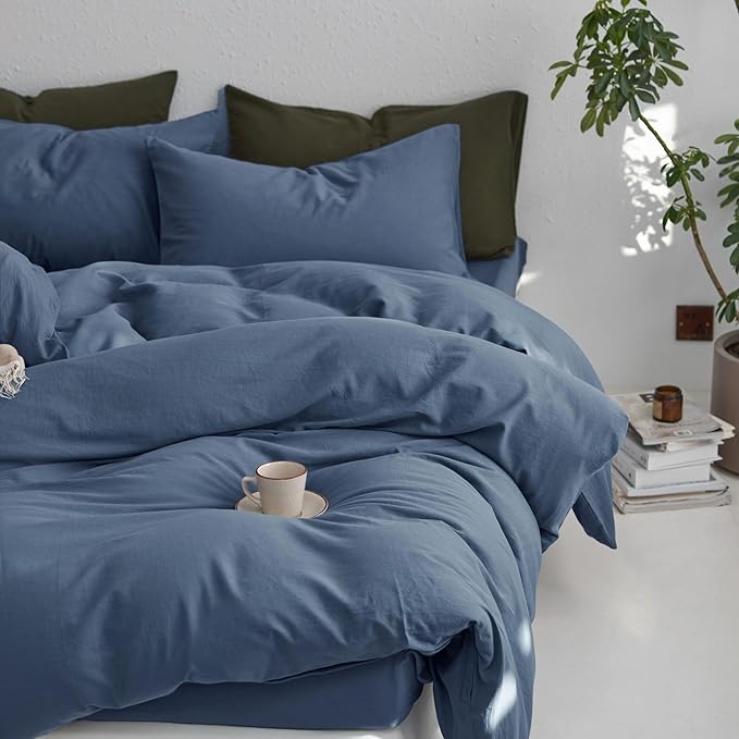 MooMee Duvet Cover Set, 100% Washed Cotton Linen Like Twill Thick Sturdy Material Super Soft Breathable Durable Bedding for All Season, 3 Pieces (Blue, Cal King 104"x98")