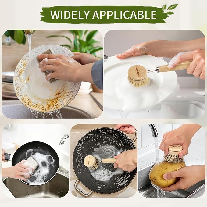 5 PCS Bamboo Dish Brush with Handle Set - Natural Dish Scrubber Brush with 3 Replacement Brush Heads and 2 Dish Sponges for Cleaning Dishes, Pans, Pot, Fruit and Veggie