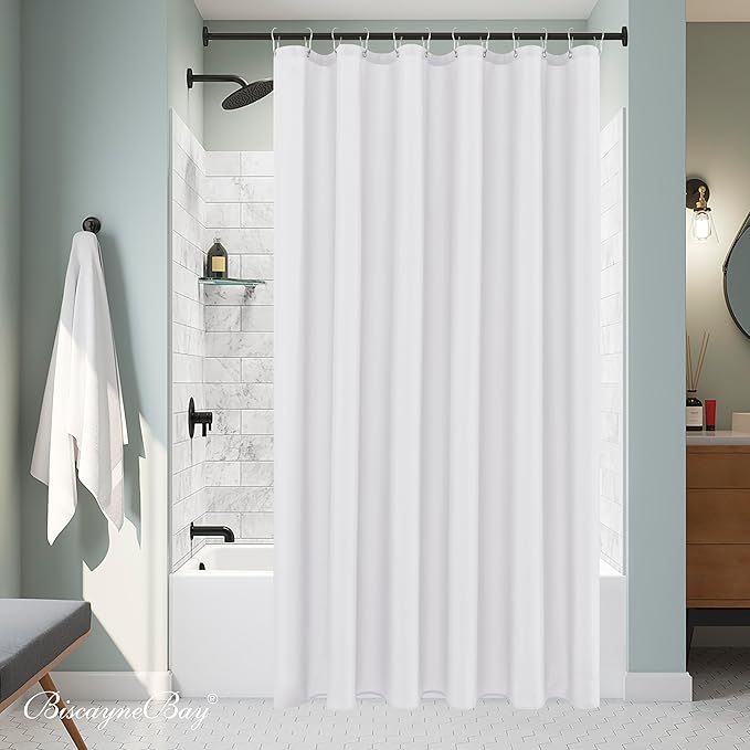 Biscaynebay Fabric Extra Long Shower Curtain Liners 72" Width by 96" Length, White Water Resistant Bathroom Curtains Rust Resistant Grommets Top Weighted Bottom Machine Washable