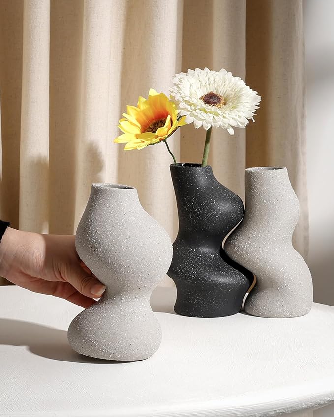 BosilunLife Decorative Vase Set of 3, Nested Curved Recycled Ceramic, Speckled Wabi-Sabi Home Decor, Modern Boho Centerpiece for Living Room Mantel & Office (Black & Grey)