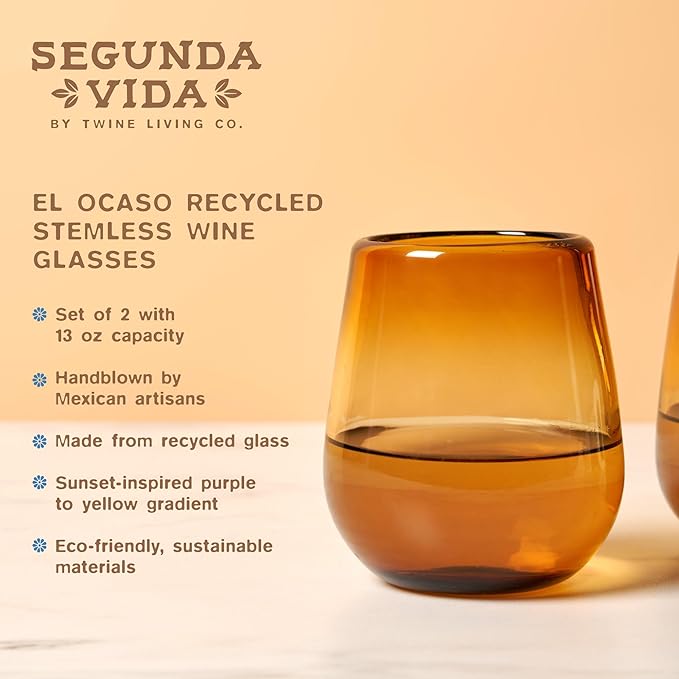 Twine El Ocaso Hand Blown Wine Glasses, Recycled Mexican Glassware with Sunset Inspired Yellow and Purple Gradient, Stemless Drinking Glasses for Wedding Gifts, Wine Lovers, 13 oz Set of 2