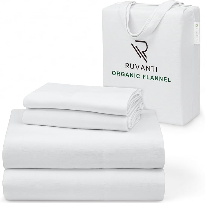 RUVANTI Flannel Sheets Queen Size - GOTS Certified 100% Organic Cotton, 4 Piece Warm, Soft & Breathable Set, Deep Pocket Snug Fit, Double Brushed Cozy All Season Bedding, Pure White