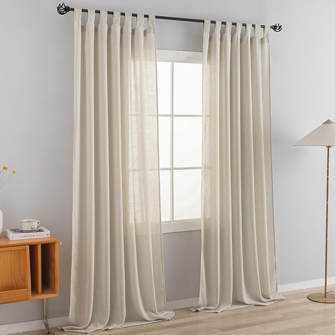 Natural Linen Semi Sheer Curtains Tab Top Light Filtering Elegant Curtains & Drapes for Living Room 52 x 90 Inch Length, 2 Panels, Linen Beige