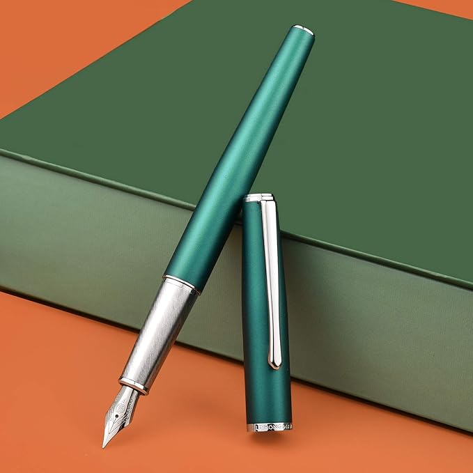 Hongdian 920 Green Metal Fountain Pen, Steel Fine Point Classic Pen, Includes Refillable Converter and Pen Pouch