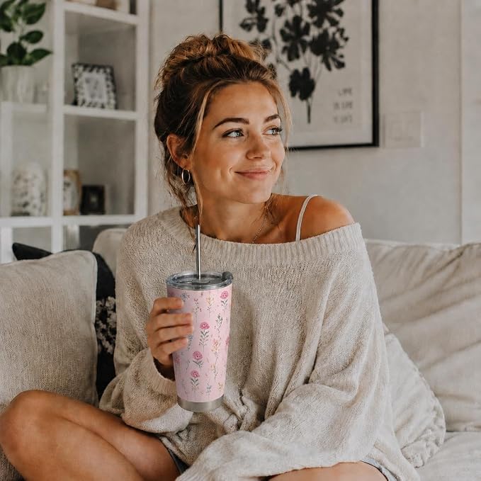 Pink Insulated Tumbler, Floral Stainless Steel Travel Mug, Gifts for Women Girl on Birthday Christmas Thanksgiving, 20 oz Vacuum Coffee Cup