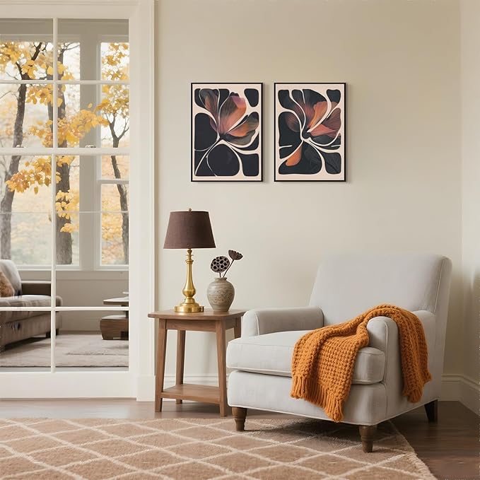 Abstract Floral Wall Art Prints Set of 2 Modern Mid Century Botanical Canvas Painting Posters Black Orange Flower Picture Wall Decor Aesthetic for Bedroom Home Decor 8x12inch Wooden Framed