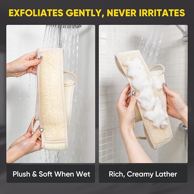2 Pack Egyptian Loofah Back Scrubber for Shower, Loofah with Handle for Men and Women, Natural Loofah Sponge Exfoliating Body Back Scrubber