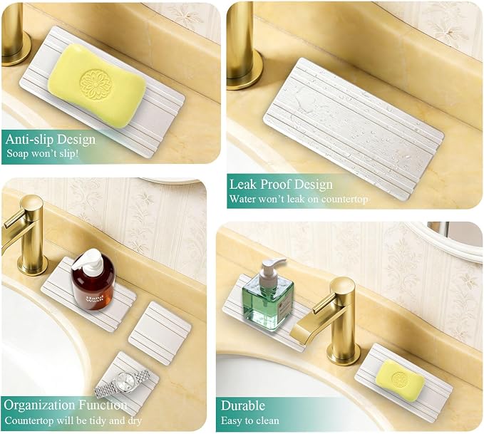 3PCS Water Absorbing Stone Tray, Quick Drying Diatomite Stone Sink Tray, Water Absorbent Diatomite Coasters for Kitchen Sink, Bathroom Counter Hand Soap Dish Toothbrush Holders
