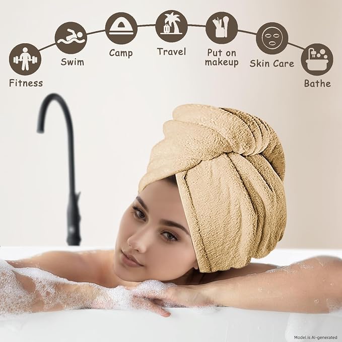 3 Pack Microfiber Hair Towel Wrap for Women, Fast Drying Hair Turban with Button, Anti-Frizz Large Hair Towel for All Hair Styles, Soft & Absorbent Hair Drying Towel (Pink, Khaki, Green)