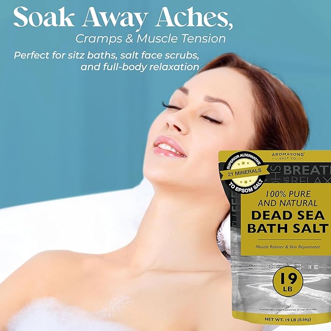 Aromasong Dead Sea Salt - Spa Bath Salt - 19 Lbs Fine Grain Bulk - 100% Pure - Better Absorbing Than Epsom Salt - Soak for Women & Men for Skin Issues and to Relax Tired Muscles - Resealable Pack.