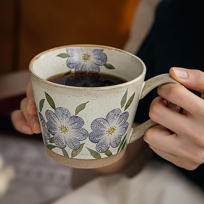15oz Vintage Floral Ceramic Coffee Mug, Hand-Painted Lead-Free Tea Cup with Comfort Handle, Microwave & Dishwasher Safe for Home Office & Gift for Women (Purple Floral, 15, ounces)