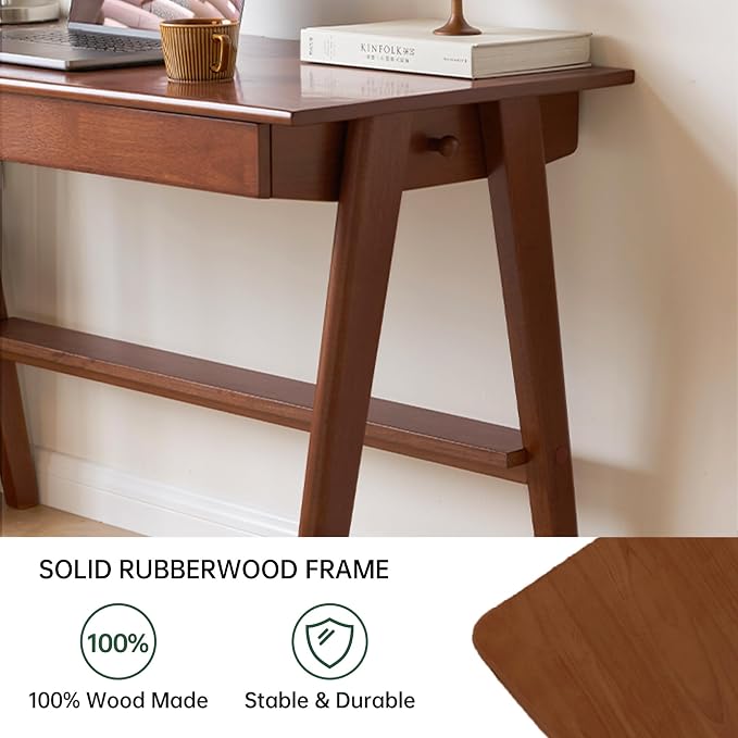 YESWOOD 100% Solid Rubber Wood Desk, Mid Century Modern Writing Computer Desk in Walnut Finish with Drawer for Home Office, Sturdy Room, Bedroom 39.37" W Teak