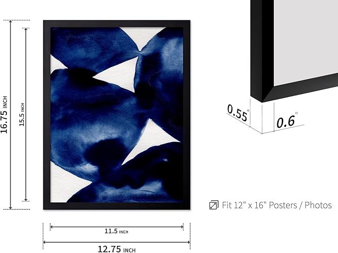 Monem Art Indigo Abstract Watercolor Painting Print - Minimalist Modern Art Poster - Wall Decor for Living Room, Bedroom or Office - 12x16 Black Framed Wall Art by Mareike Bohmer