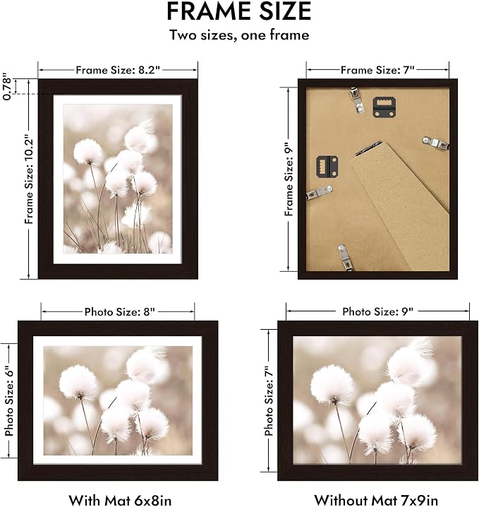 Hongkee 7x9 Oak Wood Picture Frame 1 Pack(Matted 6x8) with Real Glass Cover | Black, 7 x 9 Solid Wood Frame for Wall or Tabletop Display - Includes Easel Back, Vertical Hang - Ideal for Home, Office