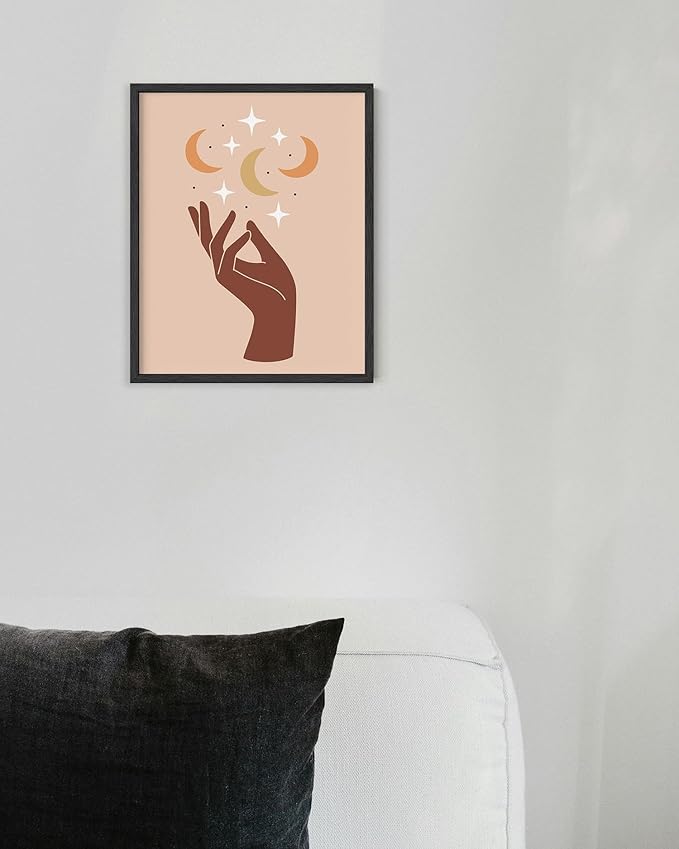 Mystical Hand Wall Art Celestial Moon and Stars Print Earth Tones Terracotta Mid Century Modern 8x10 Inch Oak Wood Black Framed Spiritual Decor for Bedroom