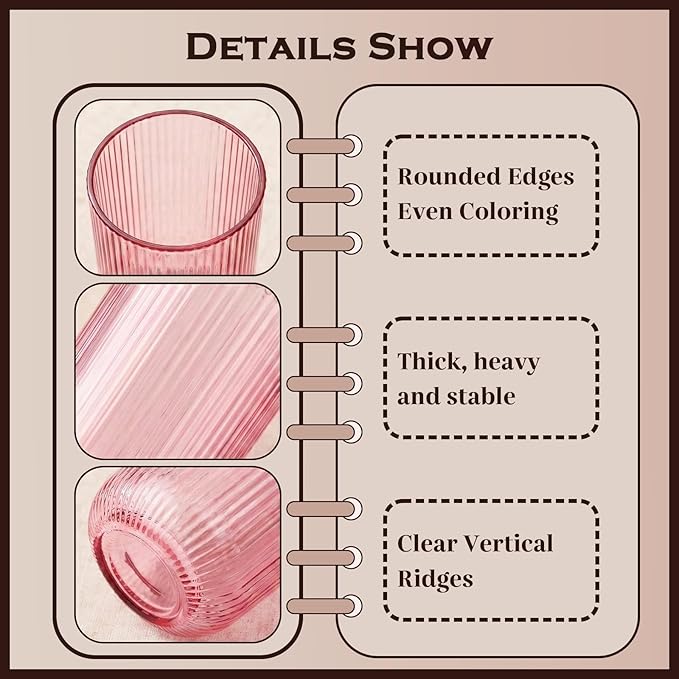 Pink Ribbed Highball Glasses Set of 6, 13.2oz Pink Colored Glassware, Drinking Glasses for Water, Juice, Iced Coffee, Cocktails, Pink Glass Cups, Housewarming Christmas Gift