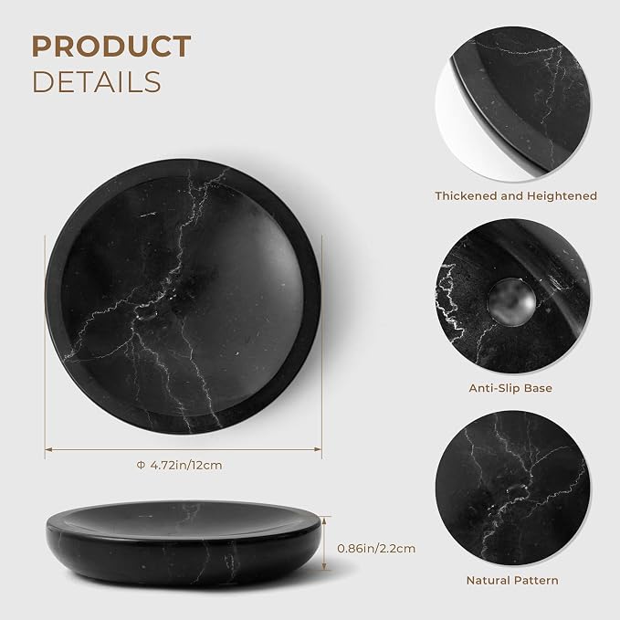 Marble Soap Dish Italy Natural Stone Sponge Holder for Bathroom Tub Shower Kitchen Sink, Handcraft Round Soap Case Organizer Trinket Plate Jewelry Tray Coaster for Home Decor Black (DL007)