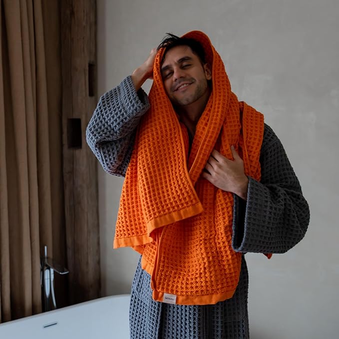 Luxury Organic Japanese Cotton Waffle Bath Towel | Thick, Absorbent, Quick Dry Bathroom Towels for Shower, Sauna, Onsen| Hotel & Spa Quality, Gift-Ready (Coral Orange, Bath Towel Set (3-Piece))