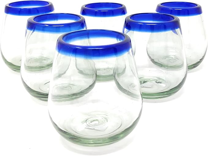 Dos Sueños Hand Blown Mexican Stemless Wine Glasses - Set of 6 Glasses with Cobalt Blue Rims (15 oz)