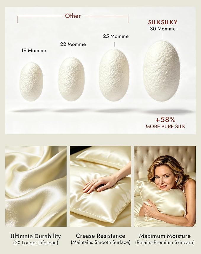 SilkSilky Luxury 30 Momme 100% Pure Organic Mulberry Silk Pillowcase for Hair & Skin, Grade 6A+ Silk Pillow Cases with Hidden Zipper, Cooling Silk for Deep Sleep (Standard 20''x26'', Ivory)