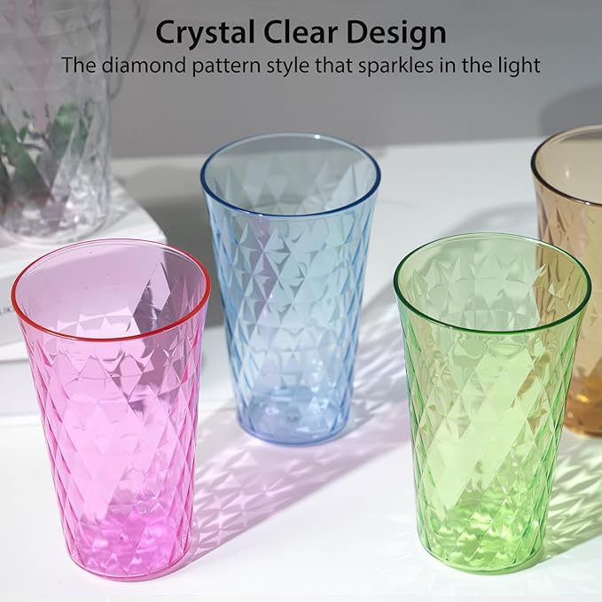 Freshmage 20 oz Unbreakable Drinking Glasses (Set of 8), Jewel Tone Colored Reusable Tumblers, BPA Free Plastic Drinking Cups for Home, Outdoor, Picnic, Pool, Stackable, Microwave Safe