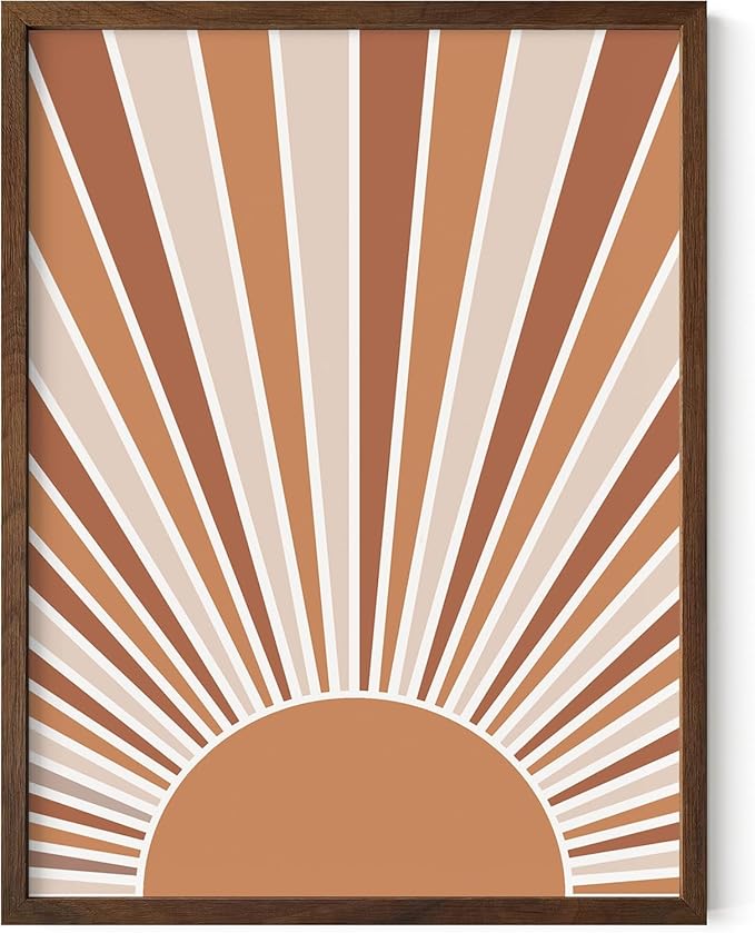 Boho Rising Sun Wall Art Sunburst Rays Earth Tones Terracotta Mid Century Modern 12x16 Inch Oak Wood Walnut Framed Minimalist Landscape Sunshine Print for Nursery Decor