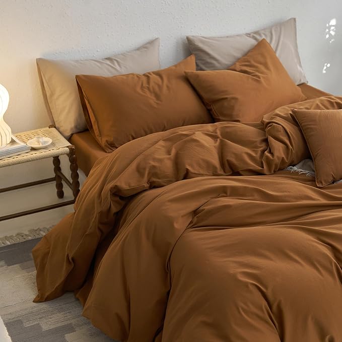 MooMee Twin Duvet Cover Set, 100% Washed Cotton Linen Like Twill Thick Sturdy Material Super Soft Breathable Durable Bedding for All Season, 2 Pieces (Dark Orange, Twin 68"x90")