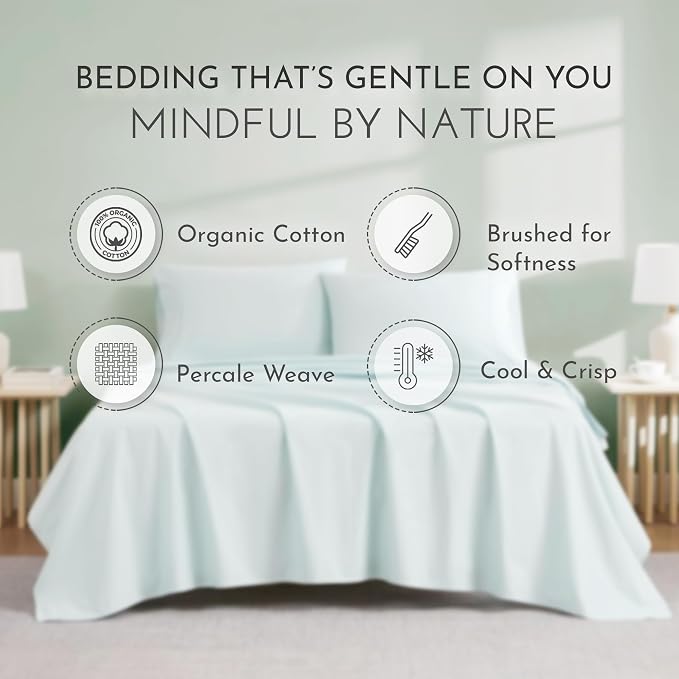 Linen Closet 100% Organic Cotton Full Size Sheets Set - 4 Pieces Percale Weave Cooling Bed Sheets for Hot Sleepers - 16" Deep Pocket Fitted Sheet - Crisp, Breathable & Brushed for Softness - Aqua