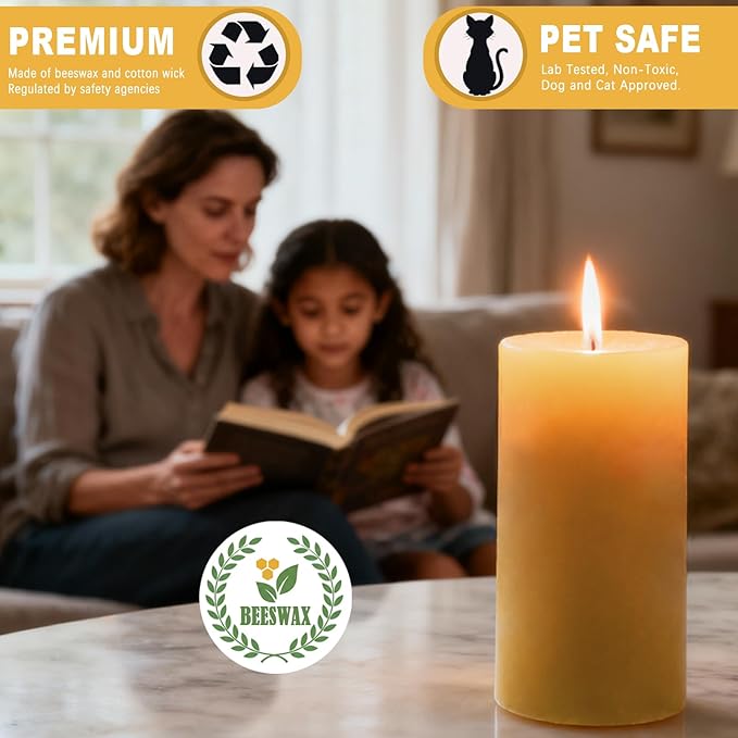 6 Pack Beeswax Pillar Candles, 360 Hours 3x4in Beeswax Pillar Candle Pure Natural Bee Wax Candle for Home, Emergency, Relax, Dripless & Smokeless