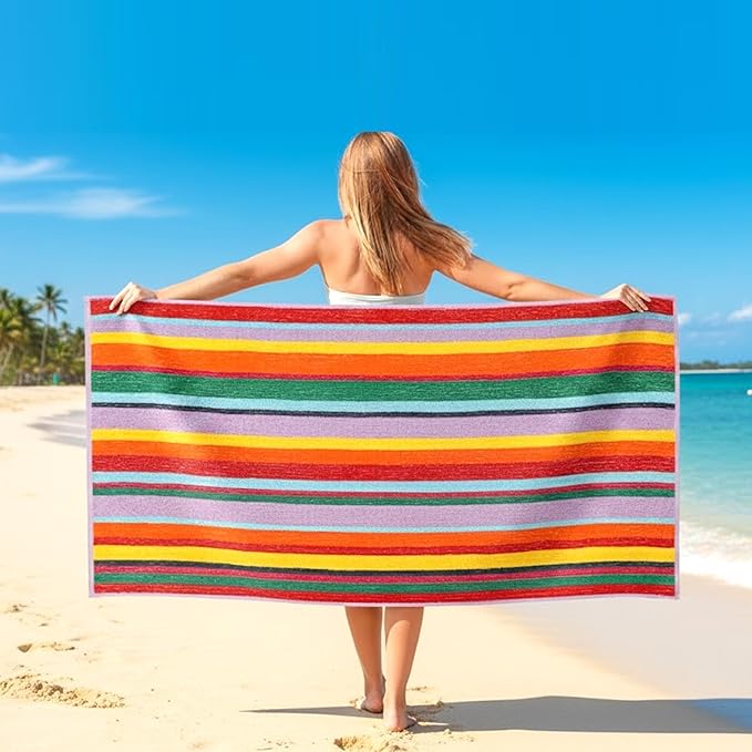 CASA COPENHAGEN Monaco Beach Towels Designed in Denmark Rough and Tough, Quick Dry, for Pool, Bath & Shower 30x60 inches 4 Pieces Cotton Beach Bath Towels Set - Rainbow