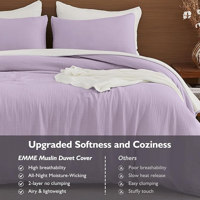EMME Muslin Cotton Duvet Cover Set Lavender King Size Linen Like Soft Breathable Lightweight Summer Comforter Cover Set with Zipper Closure (Lavender, King, 104"x90")