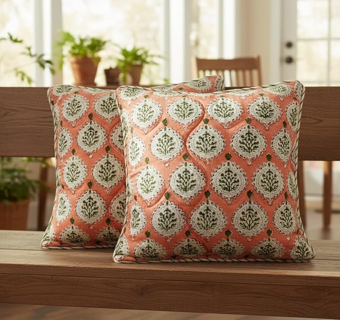 ATOSII Block Print Throw Pillow Covers, 18" X 18" - Set of 2, Decorative Couch Pillows for Living Room Bed Sofa, 100% Cotton Canvas Pillow Case for Home Decor & Outdoors, Preppy Throws - Kari