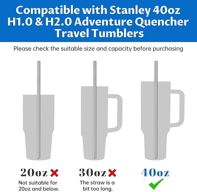 Tomorotec 8-Pack Stainless Steel Straws Fit for 40oz Stanley Tumblers, 12" Metal Straws Fit for Stanley Cup with 1 Brush, Reusable Drinking Straws for Smoothies, Milkshakes, Dishwasher Safe & BPA-Free