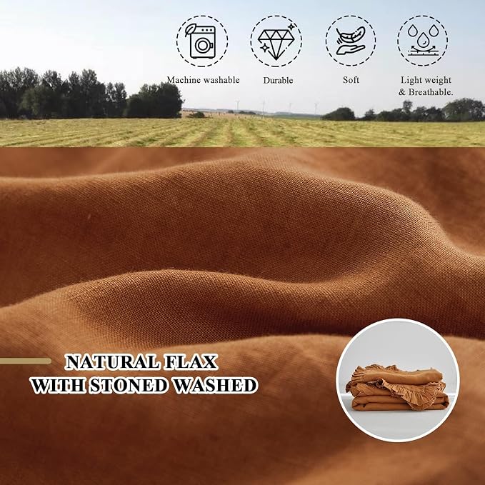 Simple&Opulence 100% Linen Duvet Cover Set, 3 PCS Natural French Flax Rust Ruffle Duvet Cover King Size, Breathable Comfy Linen Bedding Comforter Cover with 2 Pillowcases (Rust, 104" X 92")