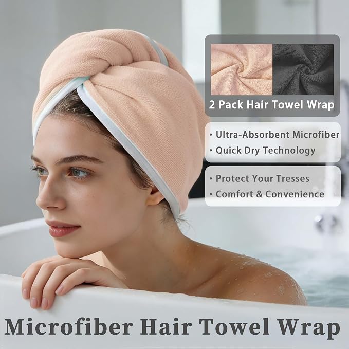 VOOVA & MOVAS Gray & Pink Microfiber Hair Towel, 2-Pack Non-Button Elastic Loop Hair Turban, Velvety Soft Anti Frizz Hair Wrap, High Water Absorption Cut Blow-Dry Time